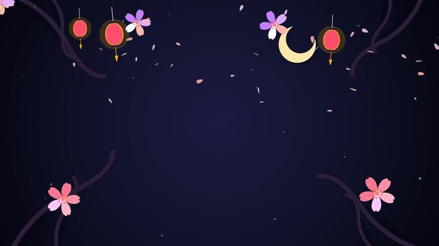 Asian festival motion background, oriental night sky with cherry blossom branches, paper lanterns and crescent moon animated loop