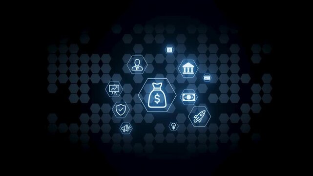 Various icons representing finance and technology are displayed. The icons include money bags, banks, and other related symbols. The background is dark with geometric shapes.