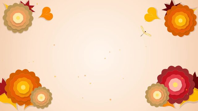 Autumn floral background frame animation, fall seasonal blossom video backdrop, warm orange flower template copy space