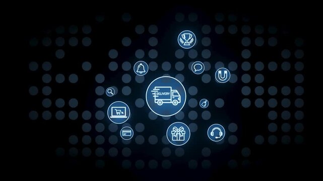 Various icons surround a delivery truck, showing logistics, shopping, and customer service. The visual is simple and features digital elements against a dark backdrop.