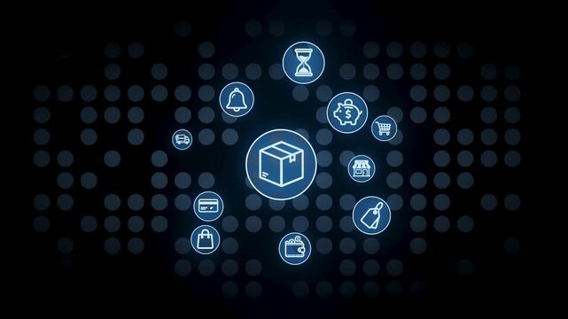 Icons showcase concepts like shopping, delivery, payment, and notifications. The setting is a digital interface designed to highlight online shopping functions.