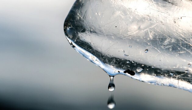 Melting Glacial Ice and Climate Change Amid Extreme Weather concept. Close-up of a melting ice block with water droplets falling against a blurred background.