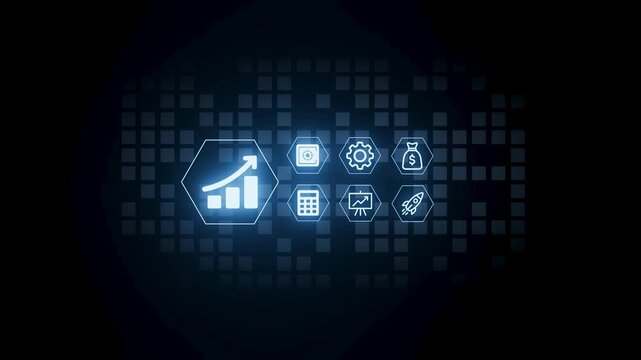 This graphic displays a series of icons on a dark background. It illustrates concepts related to business growth and financial management. Each icon has a unique meaning connected to these themes.