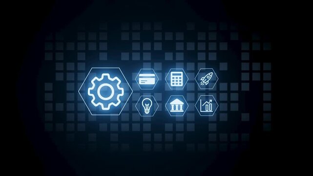 A series of blue icons display different themes related to technology and business, including gears, light bulbs, and graphs. The setting is dark with a grid pattern.