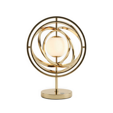Modern geometric golden metal abstract decorative ring sculpture on stand isolated on transparent background, illustration