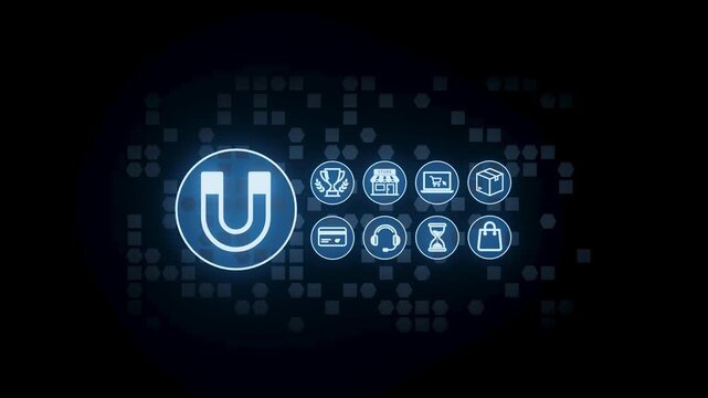 A collection of digital icons is displayed on a dark background. The central U symbol connects different icons related to gaming, shopping, and other activities.