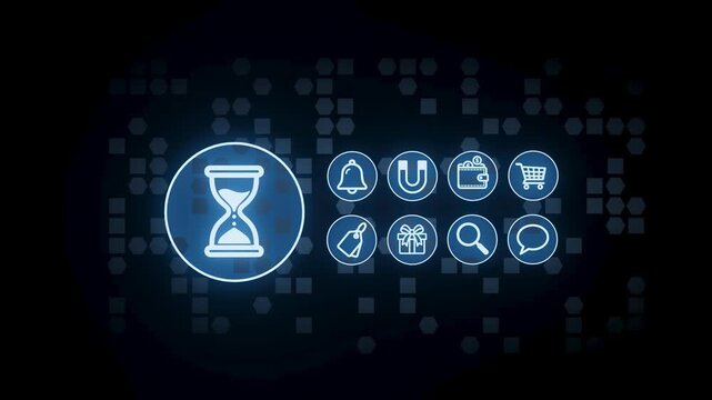 A collection of digital icons is displayed on a dark background. The icons represent time, notifications, shopping, and gifts. This design highlights different themes in a modern style.