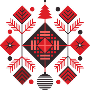 Geometric Christmas Tree and Ornament Composition with Festive Branches and Baubles, Editable Vector Isolated on Transparent Background