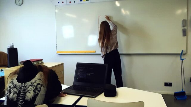 Female teacher writing AI CLASS on a whiteboard while a tired student sleeps on the desk next to a laptop displaying programming code, illustrating the future of education and technology