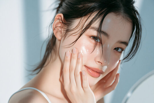 鏡の前で肌のケアをしているアジア人女性。美容、スキンケア用素材