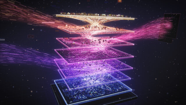 Stacked glowing layers of a neural network swirl with pink and violet particle streams in a data vortex, a 4K render in purple tones for AI, deep learning and tech promos.