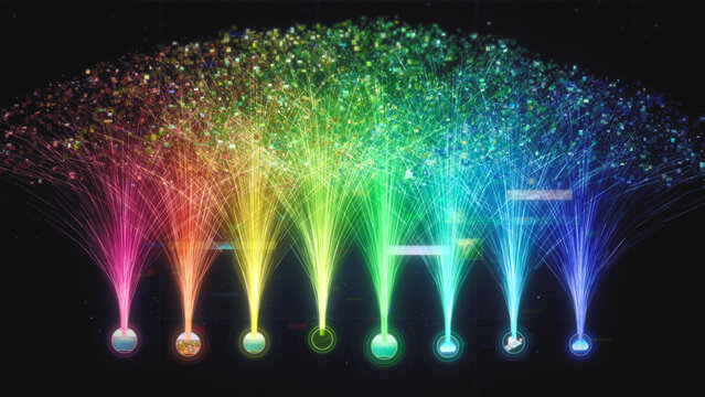 Eight spectrum-colored light fountains stream from icon nodes into a sweeping arc of content tiles, a wide 4K render showing data sorting for tech and business presentations.