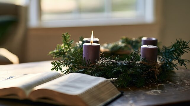 Homemade Advent Wreath with First Purple Candle Lit and Open Bible in Morning Light, Christian Devotional Scene