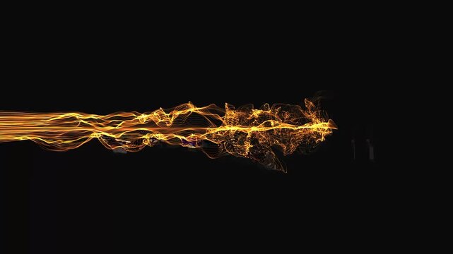 Abstract Golden Energy Wave with Flowing Light Trails on Black Background