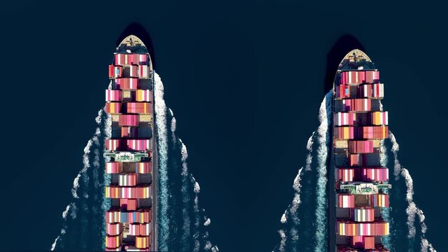 Aerial overhead tracking view of two super container cargo ships sailing side by side over open ocean as a concept for shipping and logistics