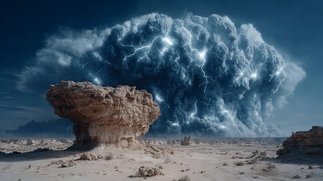 Eerie, expansive desert landscape with a massive lightning storm roiling in the sky above rock formations
