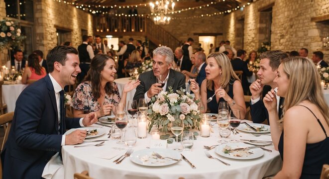 Group of joyful friends and family enjoying dinner conversation and wine at wedding reception table.