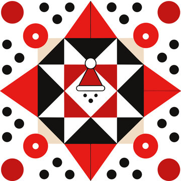 Geometric Christmas Pattern with Santa Hat, Red Black Holiday Ornament and Festive Shapes, Editable Vector Isolated on Transparent Background