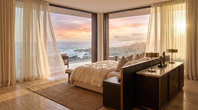 Minimalist luxury master bedroom with large glass doors opening to scenic coastal ocean view at sunset golden hour.