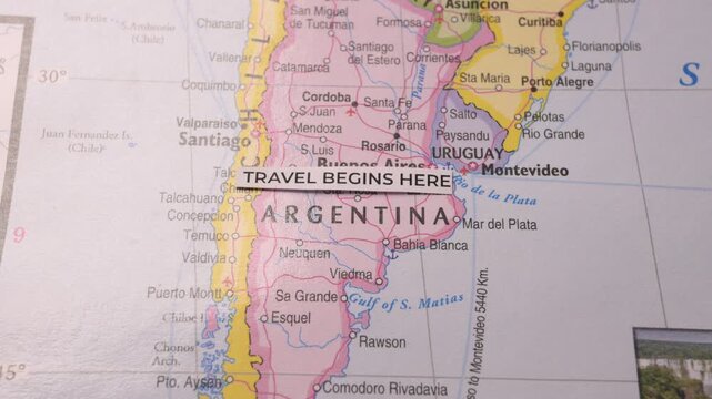 Travel Begins Here Text Label on Map of South America Argentina