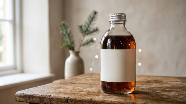 Clear glass bottle with blank white label filled with amber liquid standing on vintage wooden table inside cozy room interior with green plant decor