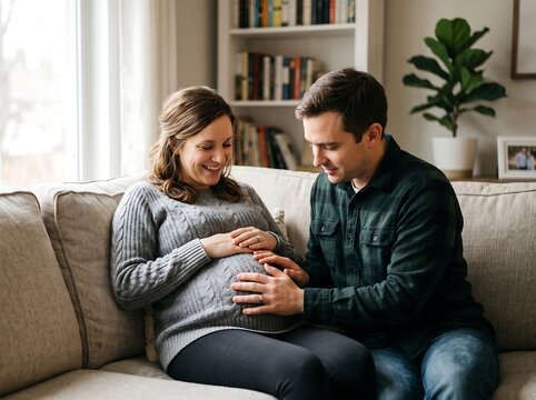 A husband holding his hands over his pregnant wife's belly