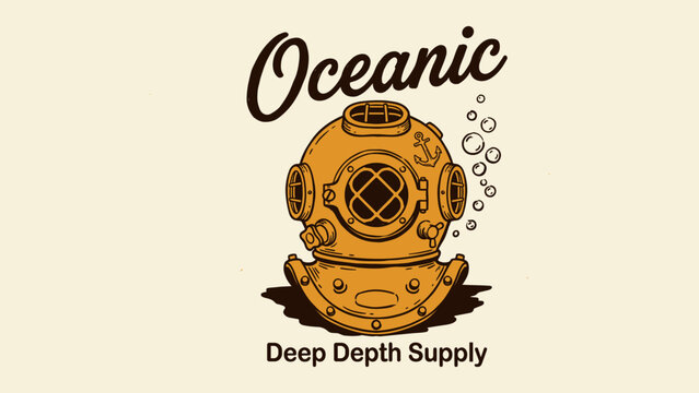 Vintage Oceanic Deep Sea Diving Helmet Illustration with Bubbles and Typography for T-Shirt Design, Apparel Print, Poster, and Merchandise Branding