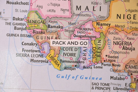 Pack and go label placed over map of West Africa.