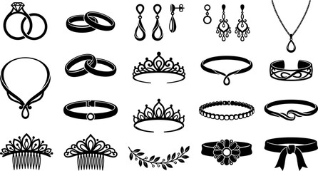 A comprehensive vector illustration set featuring various elegant bridal jewelry pieces including tiaras necklaces rings and earrings © delwar