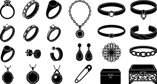 A comprehensive black and white jewelry vector illustration set featuring various rings necklaces earrings and decorative accessories