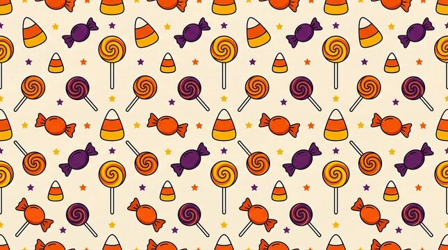 Halloween candy pattern background with lollipops and candy corn