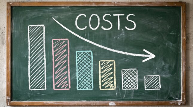 Business Concept Of Reducing Cost Illustrated With Decreasing Bar Chart Drawing On Chalkboard