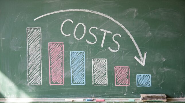 Business cost reduction chart with decreasing bar graph and down arrow drawn on chalkboard