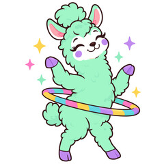 Obraz premium Mint green llama hula hooping with a tie dye hoop, cute cartoon vector character with sparkles