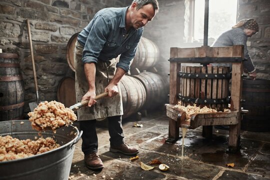 Cider maker loading apple pomace into the press