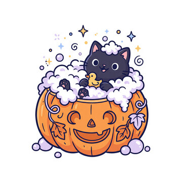 Cute black cat taking bubble bath inside carved pumpkin with rubber duck vector sticker isolated on transparent background
