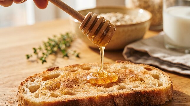 Honey dripping from a wooden dipper onto a slice of fresh crusty bread on a rustic wooden table.