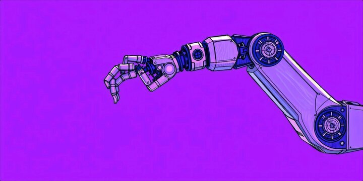 Robotic arm reaching against a vibrant purple background.