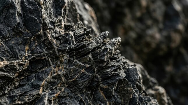 Close up macro view of dark rugged volcanic rock formation showing sharp jagged edges layered geological strata and rough textured natural stone