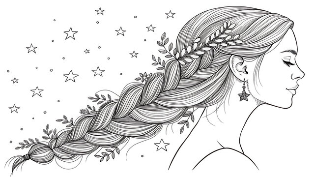 Black and white line art illustration of a woman with braided hair and stars