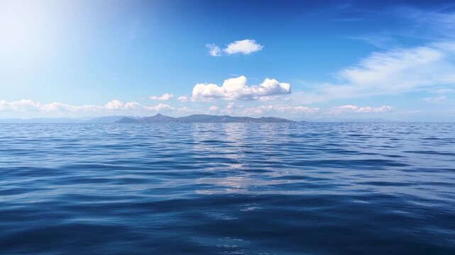 A background of calm ocean with blue sky, white clouds, an island on the horizon and reflections in the water