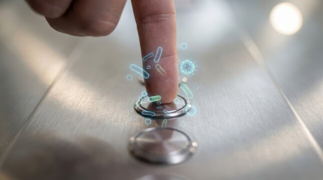 Close up of a human finger pressing a metallic elevator button surrounded by glowing microscopic bacteria and germs symbolizing daily hygiene risks