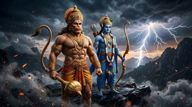 Epic depiction of mythological figures in dramatic stormy landscape