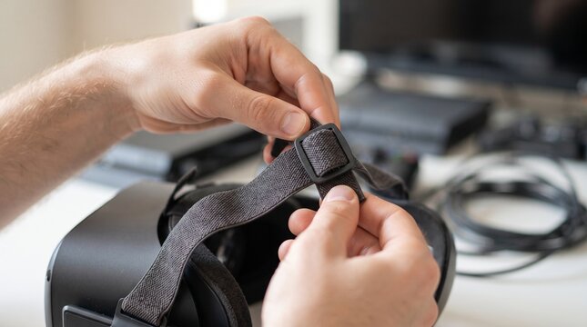 Person hands adjusting strap and buckle on virtual reality headset device indoors.