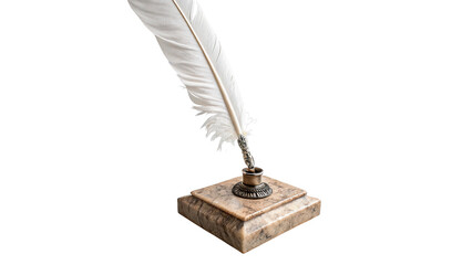 Vintage white quill feather ink pen with wooden stand on transparent background © AmeliaLily
