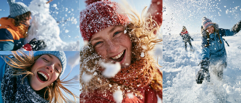 A vibrant collage capturing the joy of winter activities. Featuring people laughing, playing in the snow, and building a snowman, it evokes a sense of fun and camaraderie during the colder months