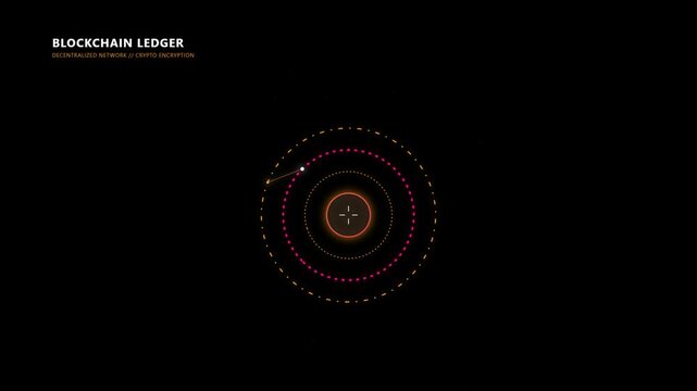 Blockchain ledger decentralized network with cryptographic encryption rings and rotating data nodes on a dark background.   