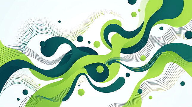 Abstract green liquid wave shapes with flowing halftone dots isolated on transparent background