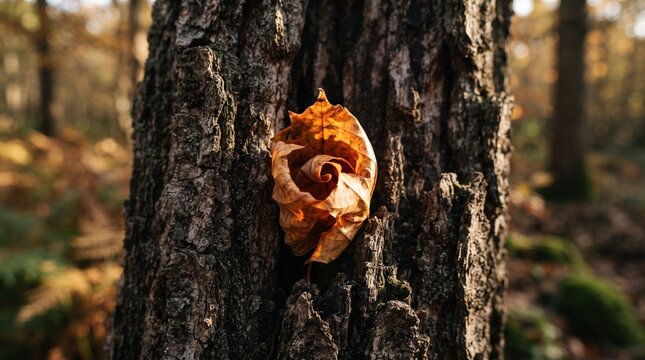 Curled amber maple leaf nestled in aged tree bark, warm golden autumn light revealing intricate veins and rugged natural textures