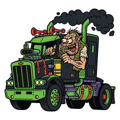 Crazy monster driving a custom green semi truck big rig vector © Dawnside Graphic